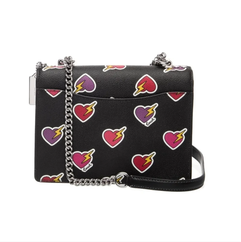 Coach Black Heart Print Crossbody Bag with Silver Chain - Picture 3 of 4